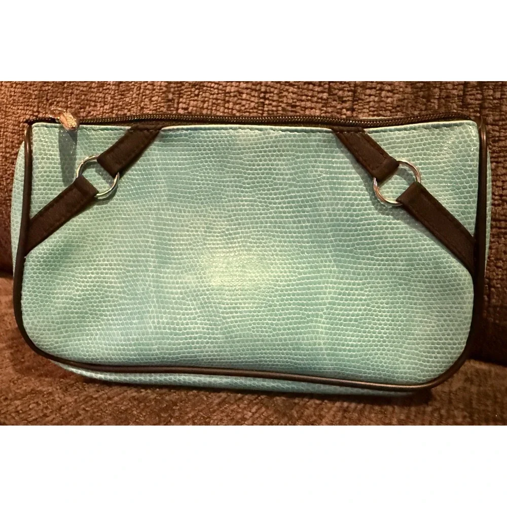 New LANCOME Cosmetic Bag Clutch Travel Bag Turquoise Snake Embossed Faux Leather